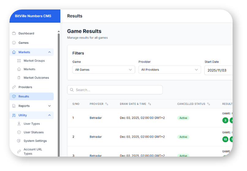 Lottery results management screen