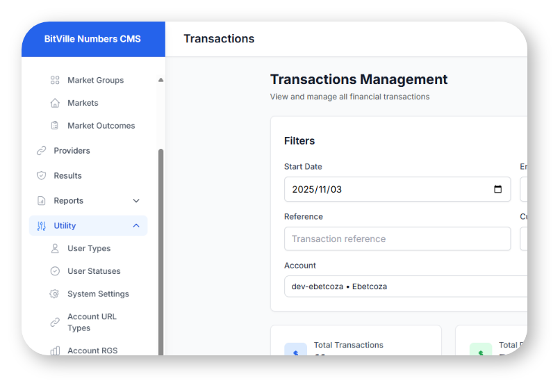 API and transactions management screen